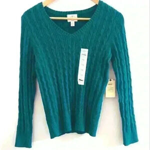 ST. JOHNS BAY | Women's Exquisite Teal Cable  Knit V-Neck Sweater